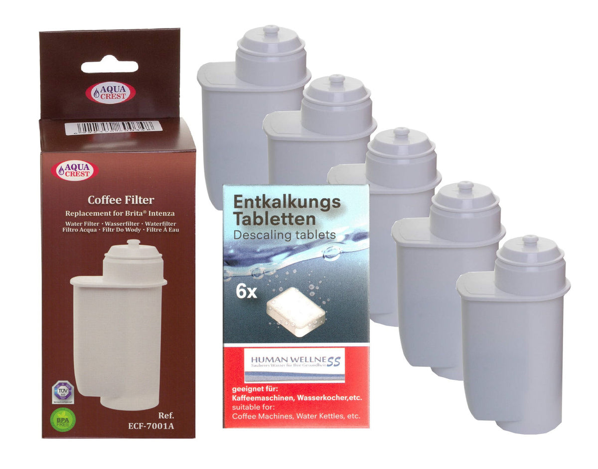 Pflegeset 5 x Wasserfilter ECF-7001A (AQK-01) für Bosch VeroBar Siemens EQ-Serie + Tabs + Entkalker
