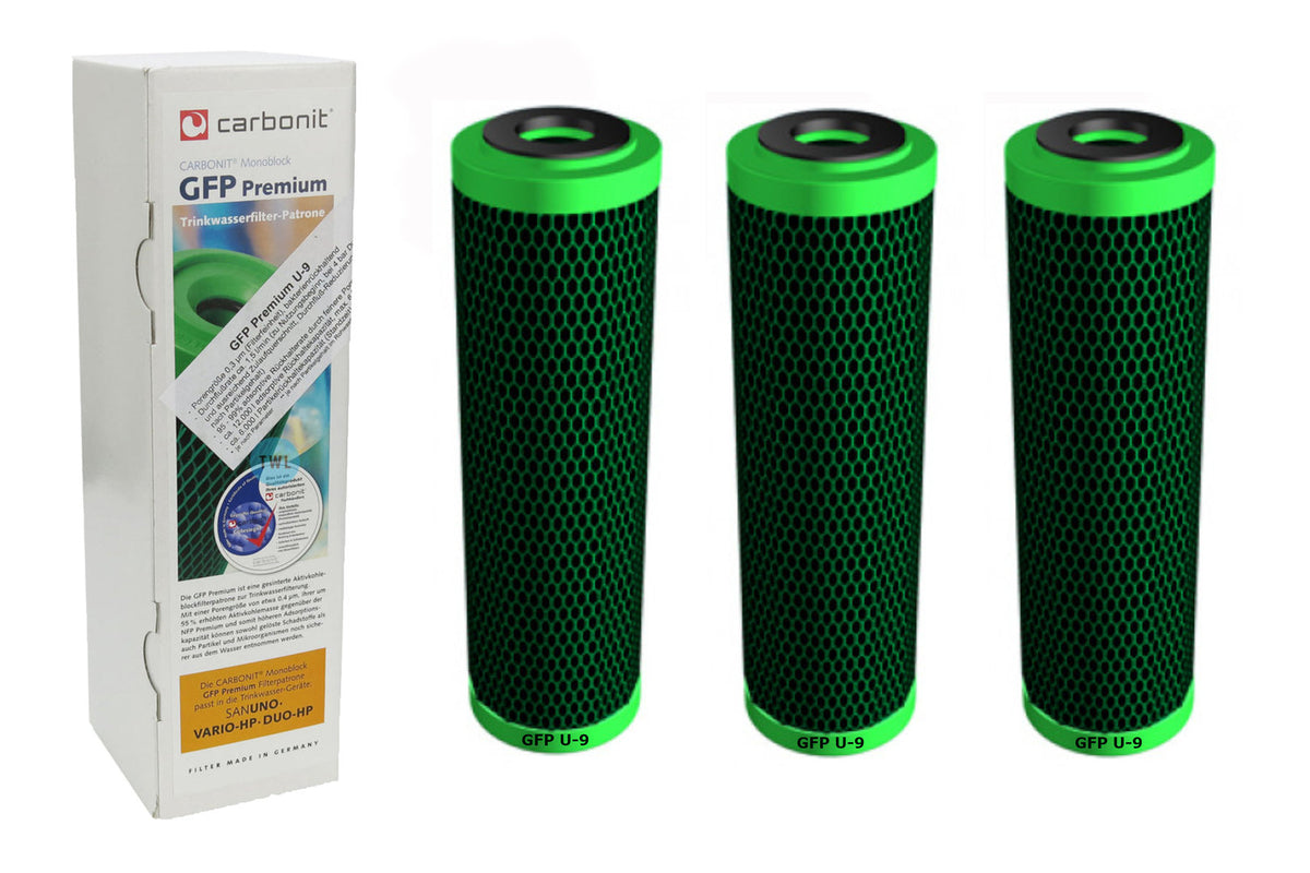 3 x Wasserfilter GFP Premium U-9 Carbonit für Sanuno Duo Vario Auftischfilter bessere Filterleistung