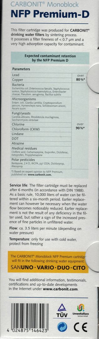 2 x Wasserfilter Carbonit NFP D-9 hoher Durchfluss + Reinigungstabs zur Desinfizierung