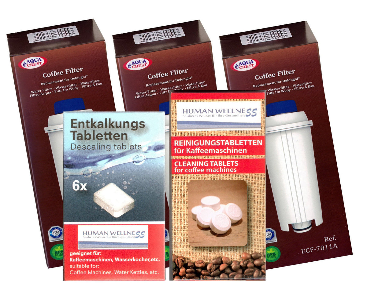 Pflegeset 3 x Filterpatronen AQK-11 kompatibel mit deLonghi SER3017 + Reinigungs- und Entkalkertabs