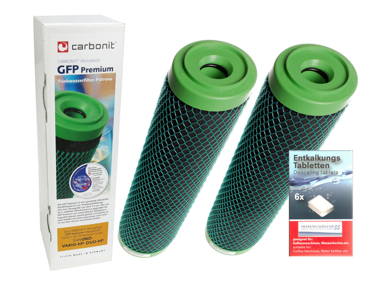 2 x Wasserfilter GFP Premium Carbonit + Reinigungstabs zur Gerätedesinfektion