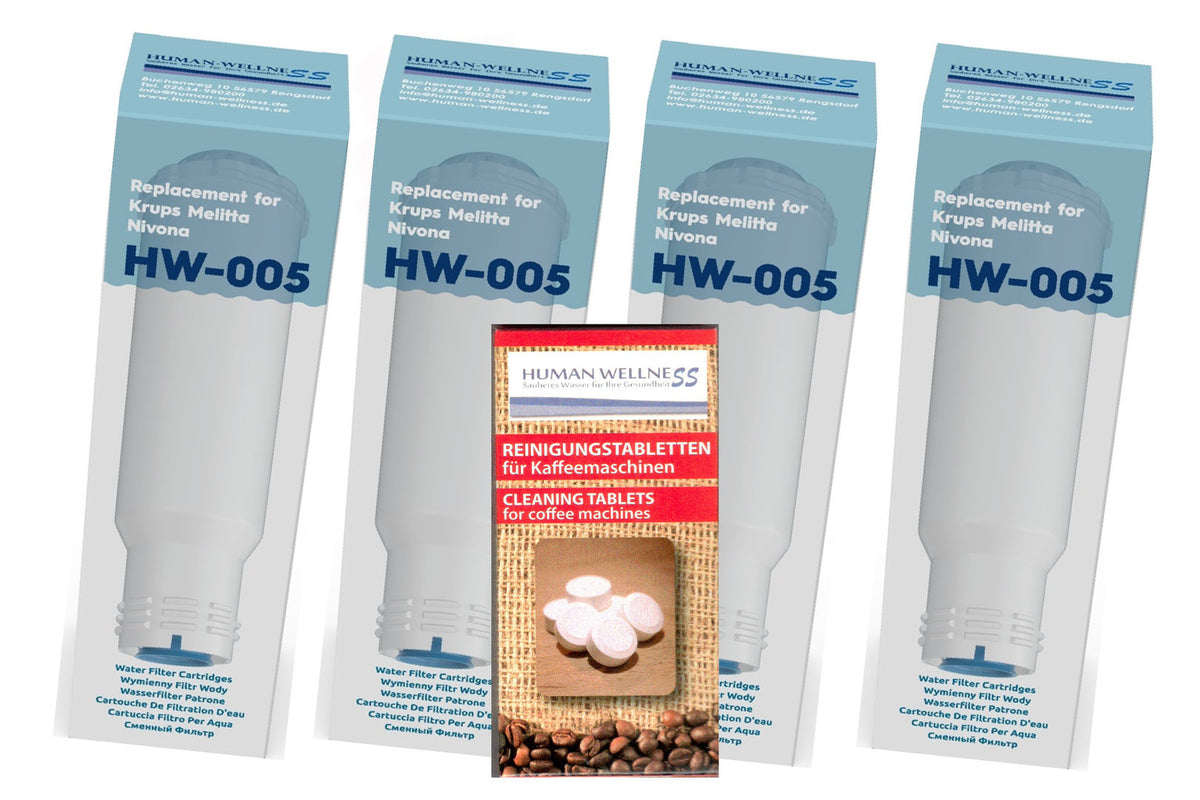 4 x Wasserfilter HW-005 Filterpatrone für Melitta Kaffeevollautomat + 10 Tabs Neuheit