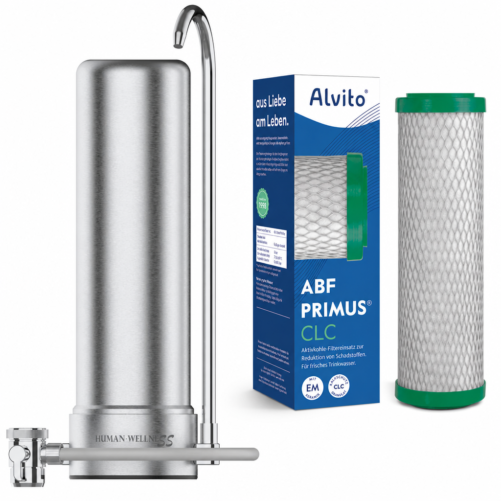 Auftischfilter HW-ATFS-02 aus Edelstahl mit Alvito CLC Wasserfilter mit Kalkschutz
