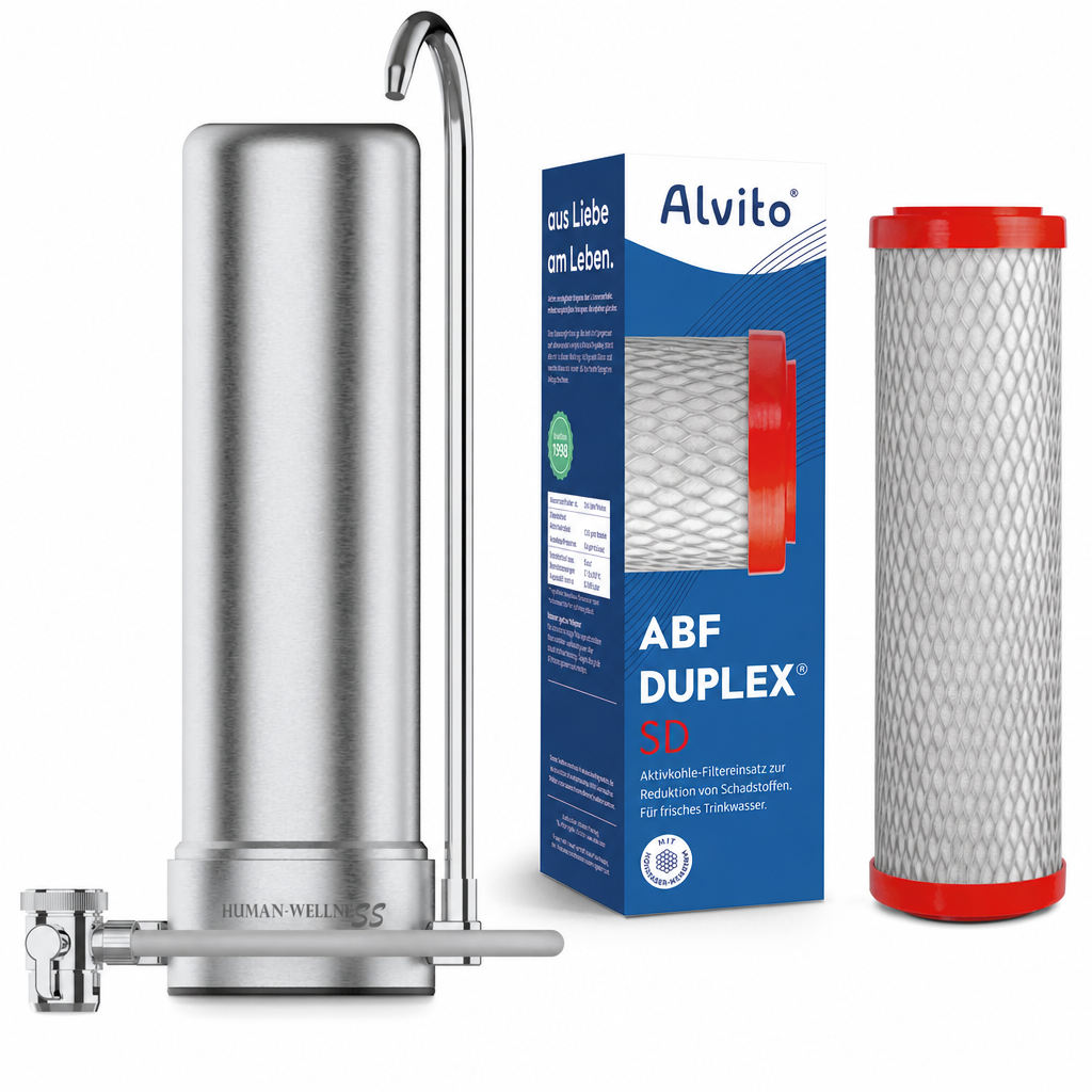 Auftischfilter HW-ATFS-02 aus Edelstahl mit Alvito Duplex SD Wasserfilter mit Hohlfaser Membran