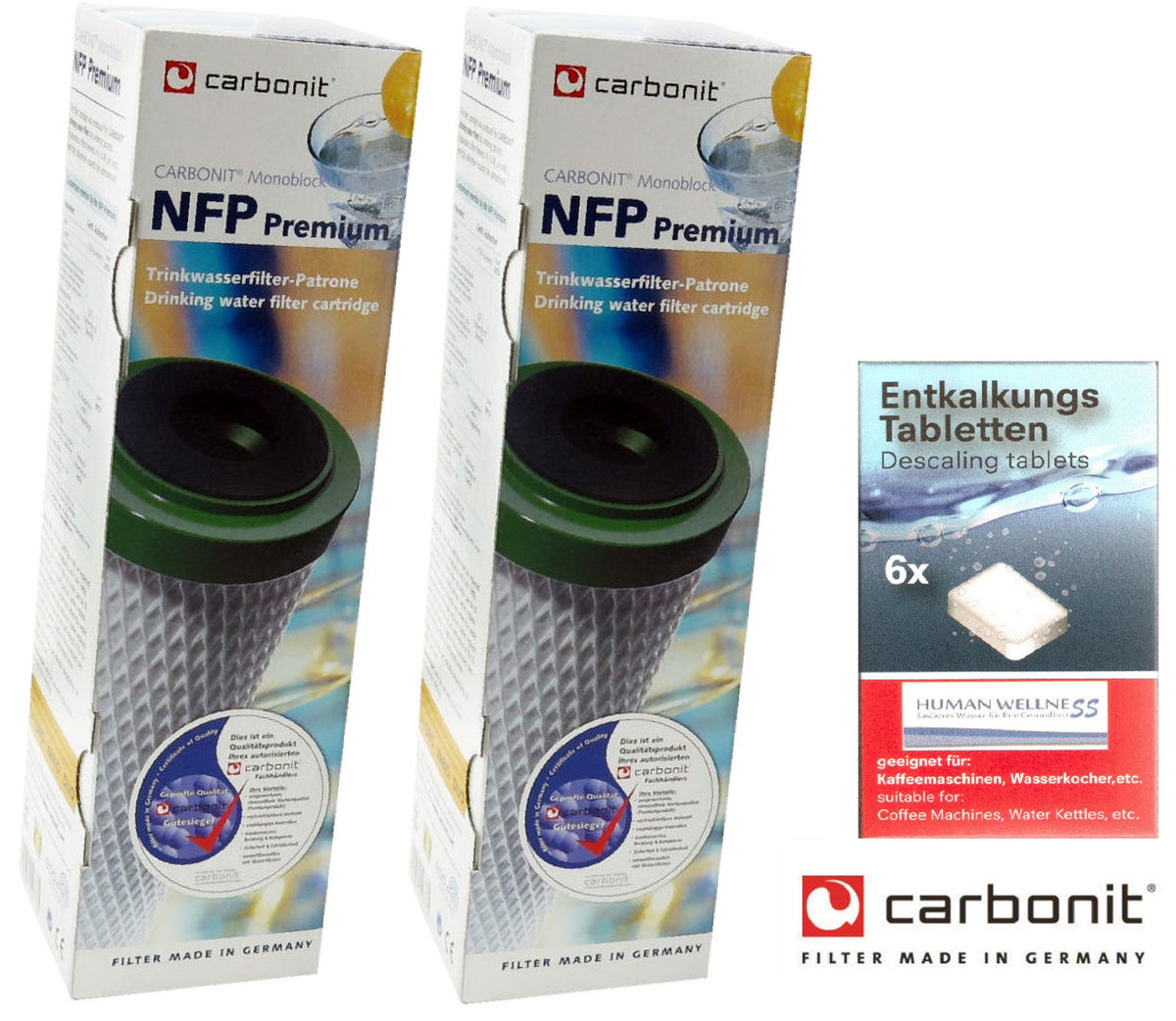 2 x NFP Premium Carbonit Wasserfilter | zusätzlich Reinigungstabs zur Desinfizierung