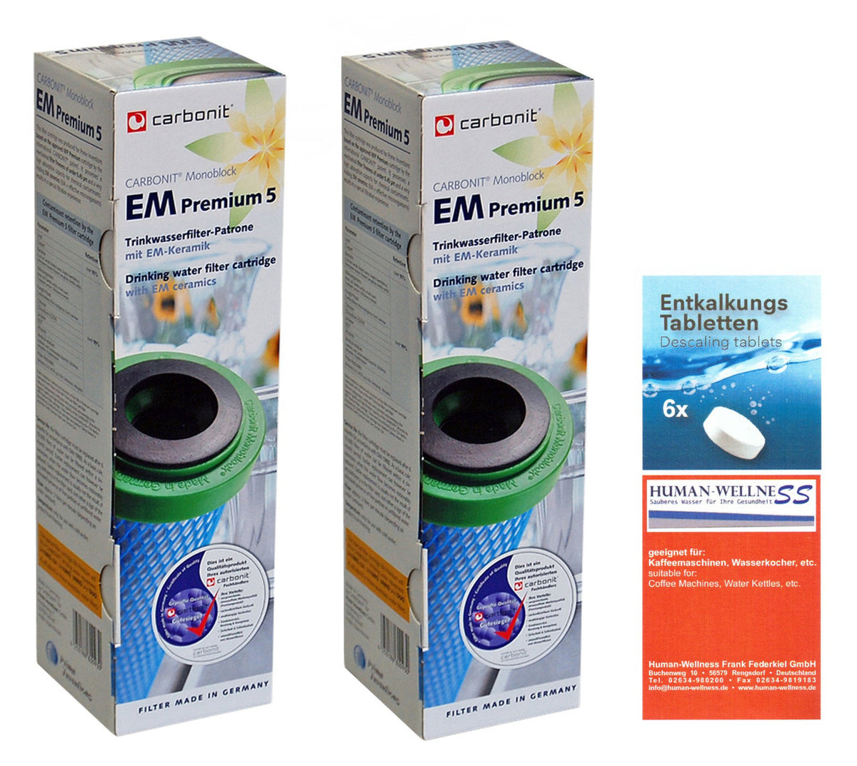2 x Wasserfilter Carbonit EM Premium 5 + Reinigungstabs zur Gerätedesinfektion