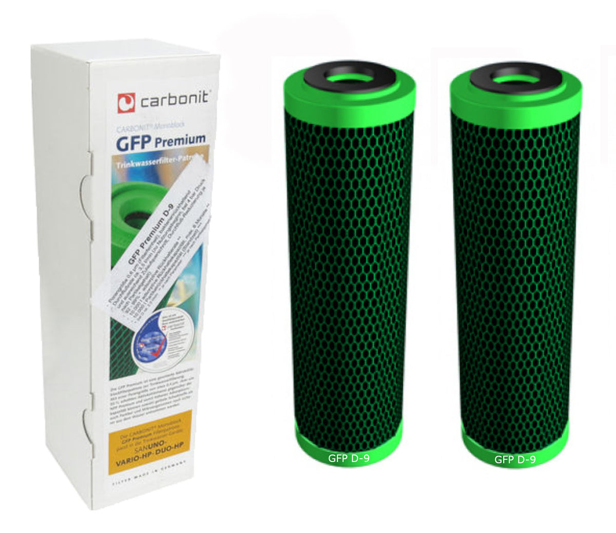 2 x Wasserfilter GFP Premium D-9 Carbonit für Sanuno Duo Vario Auftischfilter besserer Durchfluss