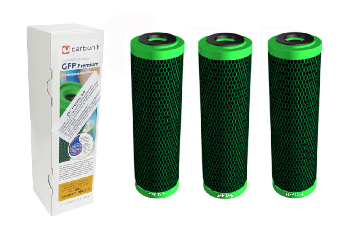 3 x Wasserfilter GFP Premium D-9 Carbonit für Sanuno Duo Vario Auftischfilter besserer Durchfluss