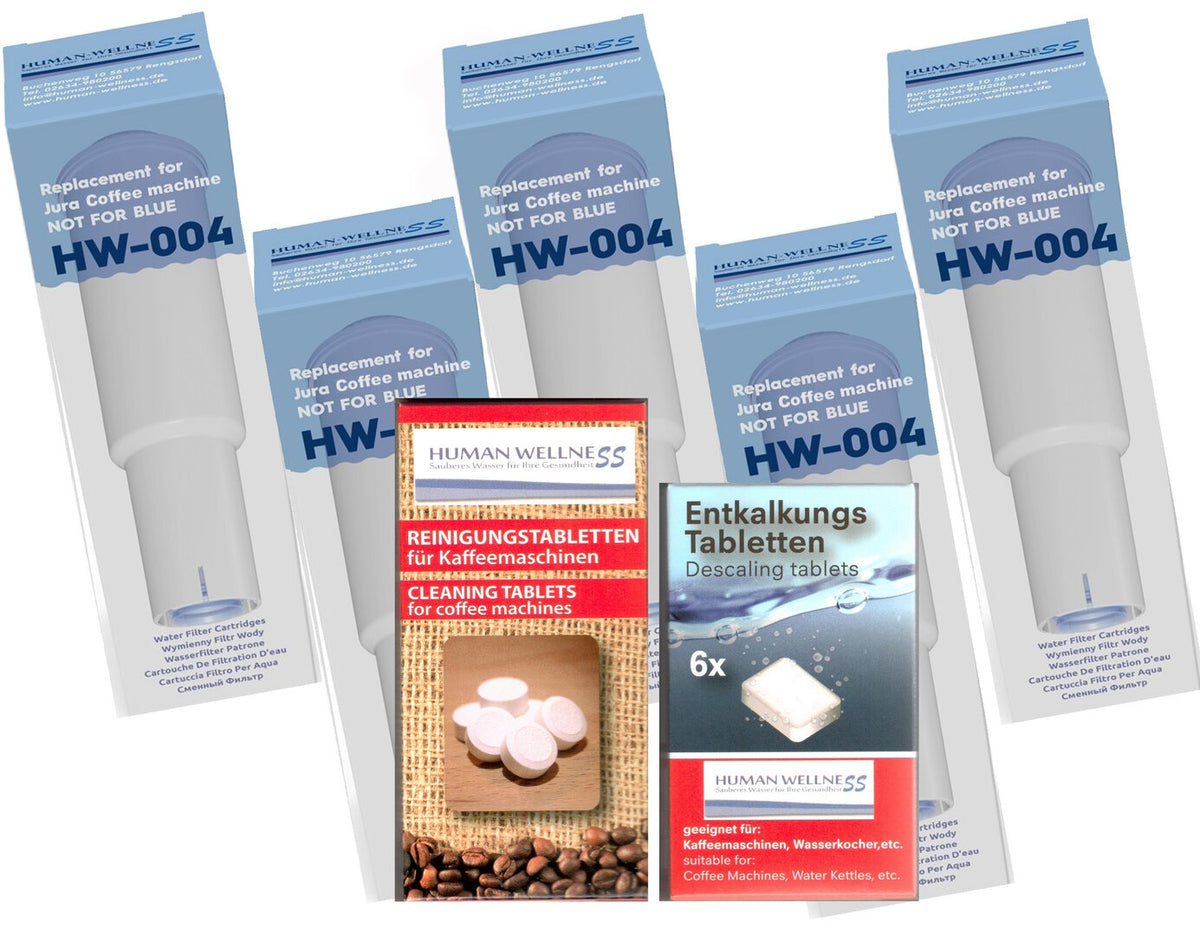 Neu: 5 x Wasserfilter HW-004 für Jura Impressa ersetzt white + 10 Reinigungstabs + Entkalker