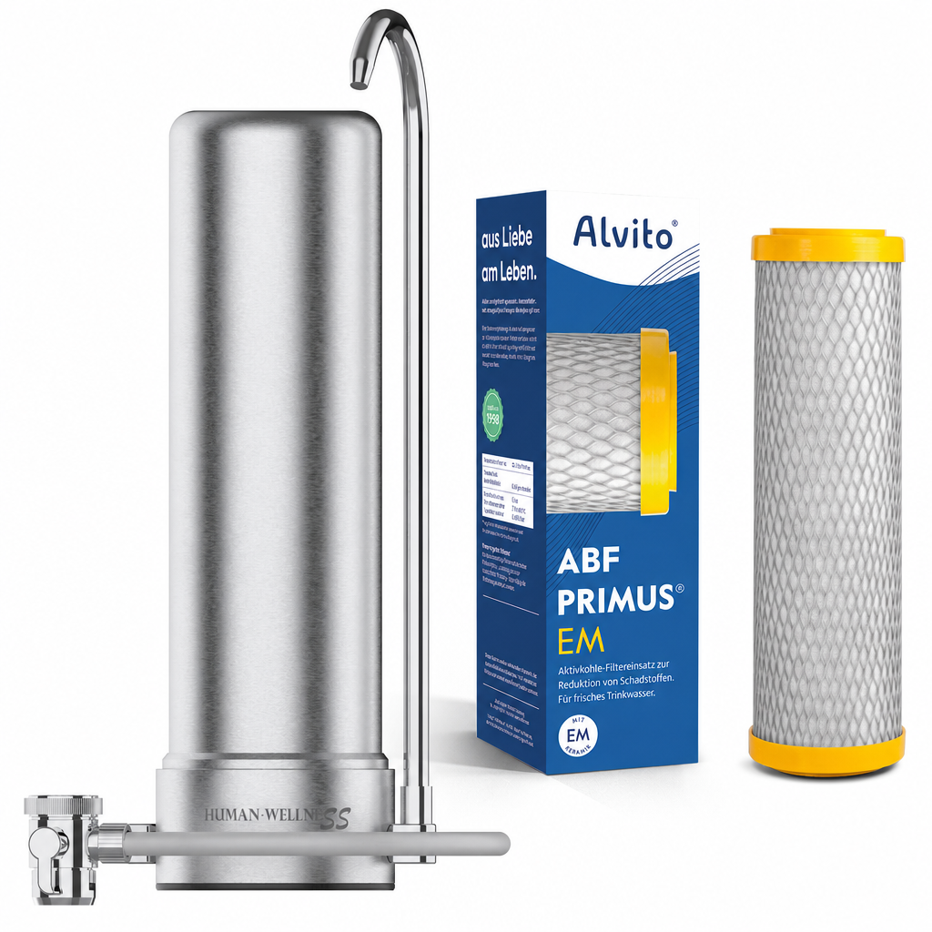 Auftischfilter HW-ATFS-02 aus Edelstahl mit Alvito Primus EM Wasserfilter mit Keramik Wasserbelebung