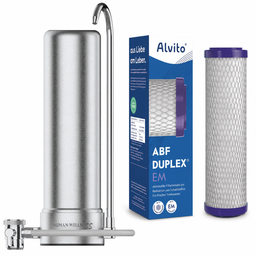 Auftischfilter HW-ATFS-02 aus Edelstahl mit Alvito Duplex EM Wasserfilter mit Hohlfaser Membran