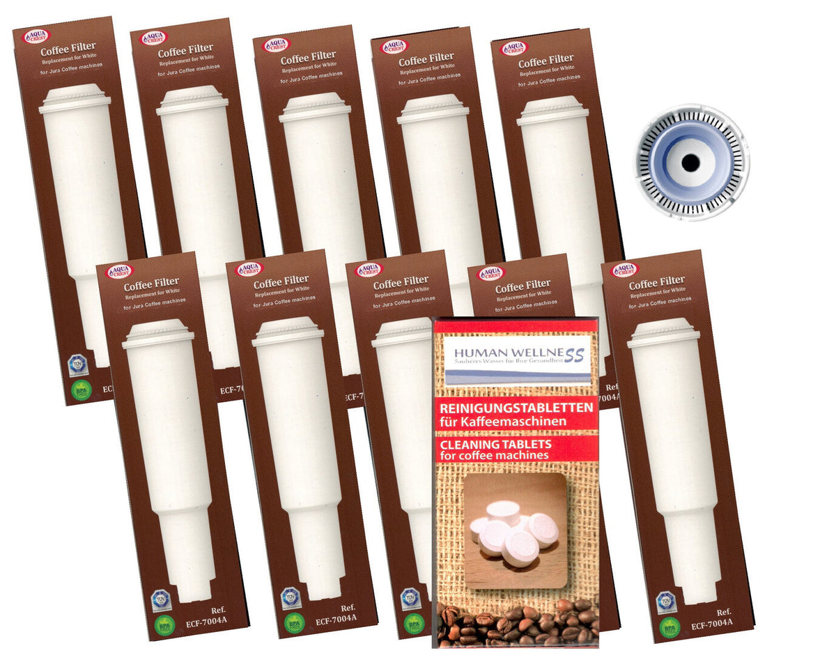 10 x Wasserfilter von AquaCrest für Jura Impressa Kaffeevollautomat white + 10 Reinigungstabs