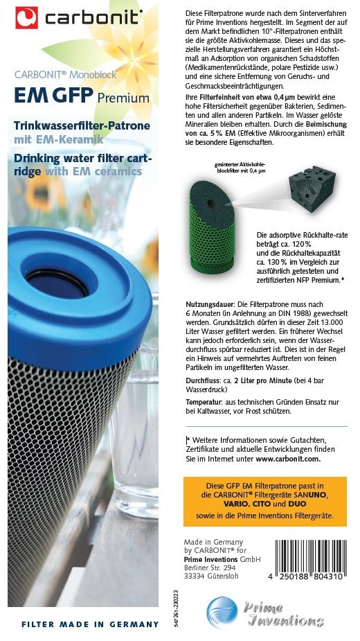 Neuheit: Carbonit Wasserfilter GFP EM Premium mit 55% mehr Aktivkohle und EM-Keramik