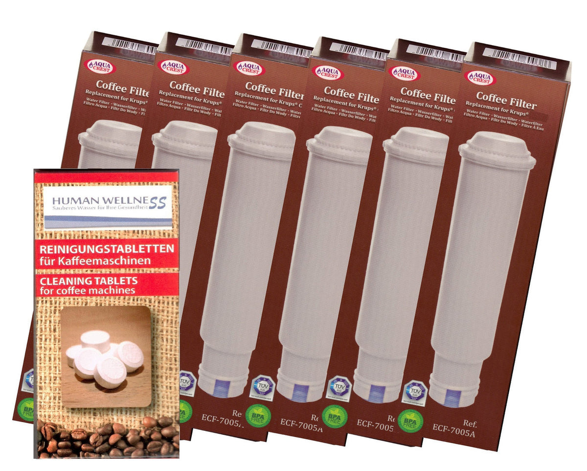6 x Filterpatrone AQK-05 für Krups Kaffeevollautomat ersetzt F088 + 10 Reinigungstabs