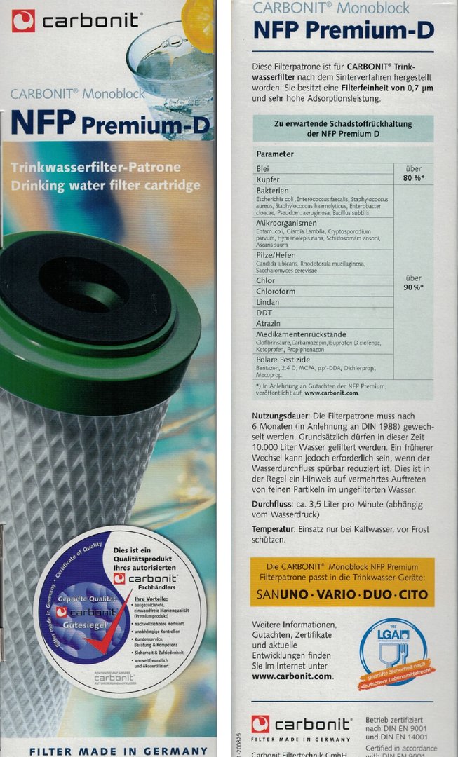 2 x Wasserfilter Carbonit NFP D-9 hoher Durchfluss + Reinigungstabs zur Desinfizierung