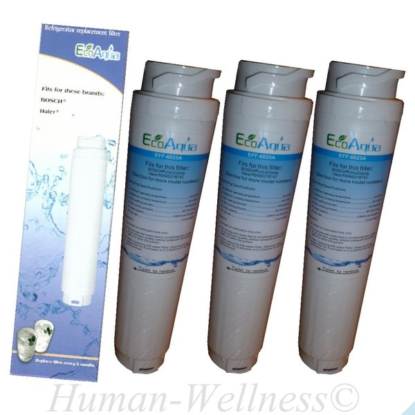 3 x EcoAqua Wasserfilter EFF-6025A ersetzt Ultra Clarity Bosch Neff 644845 641425 9000 077095