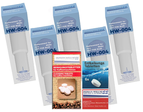 Neu: 5 x Wasserfilter HW-004 für Jura white + 10 Reinigungstabs + Entkalker