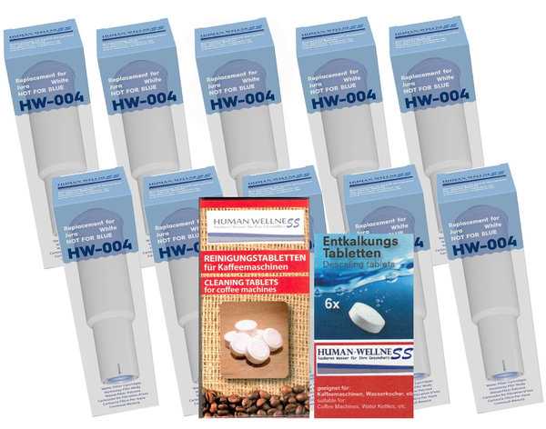 Neu: 10 x Wasserfilter HW-004 für Jura white + 10 Reinigungstabs + Entkalker